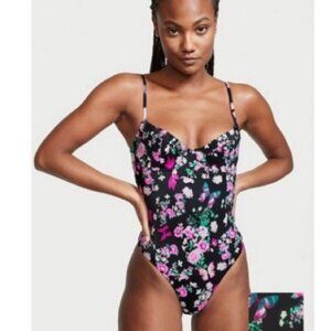 Victorias Secret Black Pink Floral Essential Wicked One Piece Swimsuit Medium